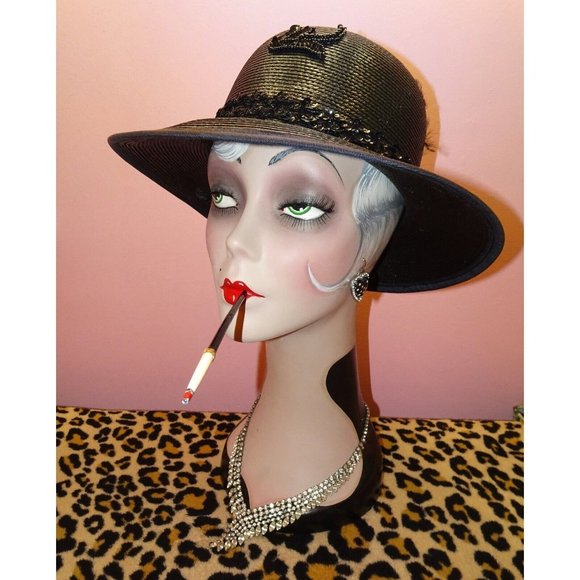 Vintage Black Church Hat with beads sequins feathers & flower goth pinup retro main image 12